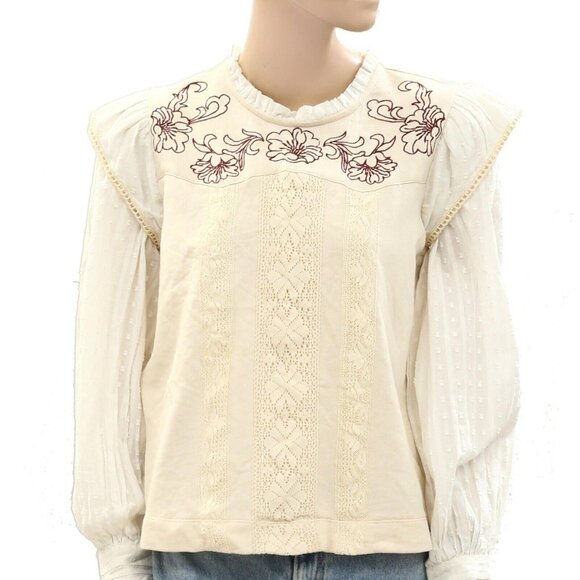 270970 Free People Floral Embroidered Blouse Top Swiss Dot Crochet Lace M New - Picture 2 of 4